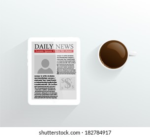 computer tablet with news and cup of coffee