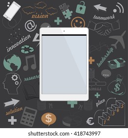 computer tablet on background, concept of business and digital communication