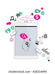 computer tablet on white background, concept of business, brainstorm and digital communication