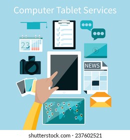 Computer tablet services and learning. Concepts for web banners and printed materials in flat design style