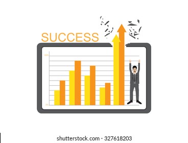 computer tablet showing business man with some  charts over it