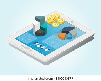 Computer tablet showing a spreadsheet with charts, graphs and coins. Data analysis, Landing page template. Isometric vector illustration