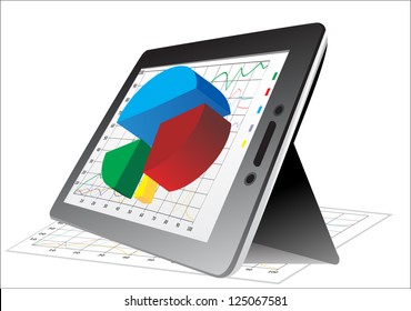 computer tablet showing a spreadsheet with some 3d charts over it