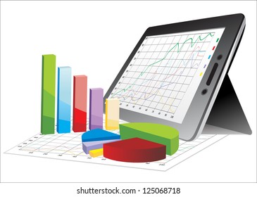 computer tablet showing a spreadsheet with some 3d charts over it