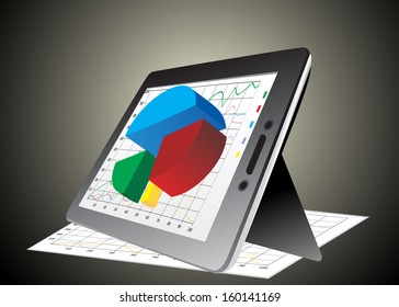 computer tablet showing a spreadsheet with some 3d charts over it