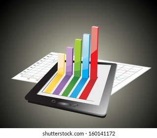 computer tablet showing a spreadsheet with some 3d charts over it