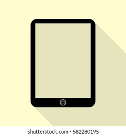 Computer tablet sign. Black icon with flat style shadow path on cream background.