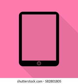 Computer tablet sign. Black icon with flat style shadow path on pink background.