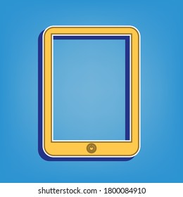 Computer tablet sign. Golden Icon with White Contour at light blue Background. Illustration.
