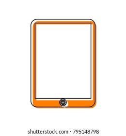 Computer tablet sign. Vector. Black line icon with shifted flat orange filled icon on white background. Isolated.