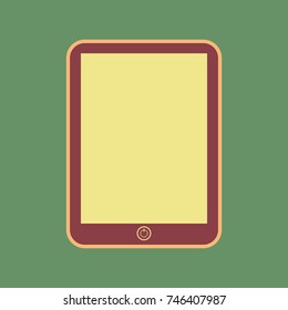 Computer tablet sign. Vector. Cordovan icon and mellow apricot halo with light khaki filled space at russian green background.