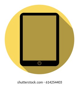 Computer tablet sign. Vector. Flat black icon with flat shadow on royal yellow circle with white background. Isolated.