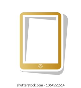 Computer tablet sign. Vector. Golden gradient icon with white contour and rotated gray shadow at white background.
