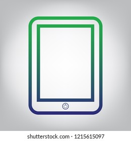 Computer tablet sign. Vector. Green to blue gradient contour icon at grayish background with light in center.