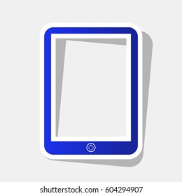 Computer tablet sign. Vector. New year bluish icon with outside stroke and gray shadow on light gray background.