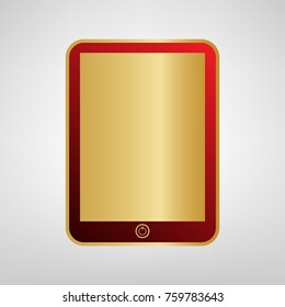 Computer tablet sign. Vector. Red icon on gold sticker at light gray background.