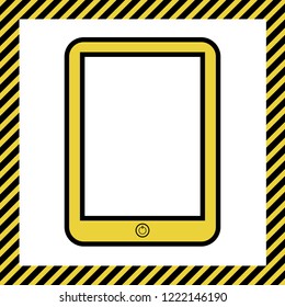 Computer tablet sign. Vector. Warm yellow icon with black contour in frame named as under construction at white background. Isolated.