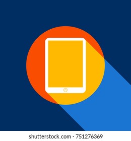 Computer tablet sign. Vector. White icon on tangelo circle with infinite shadow of light at cool black background. Selective yellow and bright navy blue are produced.