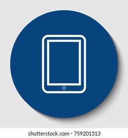 Computer tablet sign. Vector. White contour icon in dark cerulean circle at white background. Isolated.