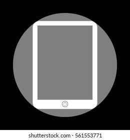 Computer tablet sign. White icon in gray circle at black background. Circumscribed circle. Circumcircle.