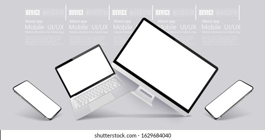 Computer, tablet and smartphone responsive with white screen. Mockups gadgets vector set. 3D realistic models technology device and electronics. Gadgets from different angles, perspective, isometric.