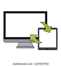 computer and tablet synchronizing files blue lines