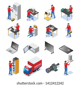 Computer tablets audio electronics devices household and business appliances repair service center isometric icons set vector illustration 