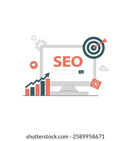 Computer with Target Goal and Graph Vector Illustration. Seo Optimization Concept Design