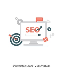 Computer with Target Goal Vector Illustration. Seo Optimization Concept Design