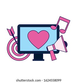 computer with target and megaphone over white background, vector illustration