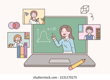 The computer teacher is teaching. Monitor screens of students taking classes are floating around. flat design style vector illustration.