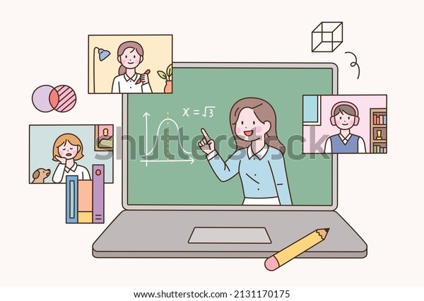 Computer Teacher Teaching Monitor Screens Students Stock Vector ...