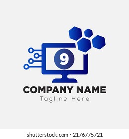  Logo Tecnológico De Computadora En Plantilla De Letra 9. Conexión En 9 Letra, Concepto Inicial De Signo Tecnológico De Computadora	