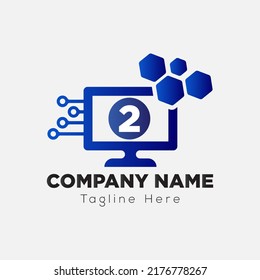  Computer Tech Logo On Letter 2 Template. Connection On 2 Letter, Initial Computer Tech Sign Concept	