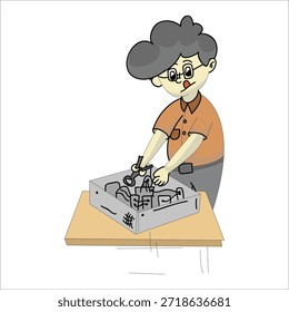 Computertechniker, der Hardwareteile der Hauptplatine zusammenfügt, Vektorgrafik