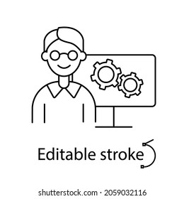 Computer technician and display outline icon. Monitor problem. Editable stroke. Isolated vector stock illustration