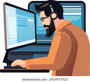 Computer technician with headset in front of a PC-