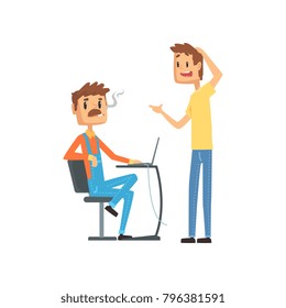 Computer technician helping office worker, engineer system IT administrator at work cartoon vector illustration