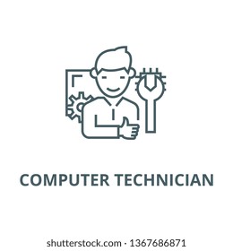 Computer technician line icon, vector. Computer technician outline sign, concept symbol, flat illustration