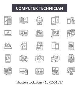Computer technician line icons, signs set, vector. Computer technician outline concept, illustration: technician,computer,technology,laptop,operator,support,man