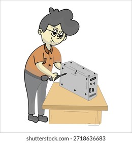 Computer technician repairing PC tower case with screwdriver vector illustration