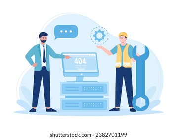 Computer technician repairing computer screen with gear and wrench trending concept flat illustration