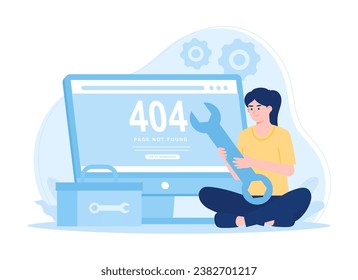 Computer technician repairing computer screen with gear and wrench trending concept flat illustration