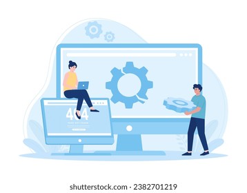 Computer technician repairing computer screen with gear and wrench trending concept flat illustration