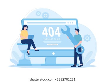 Computer technician repairing computer screen with gear and wrench trending concept flat illustration