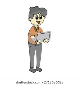 Técnico informático de pie sosteniendo una Ilustración vectorial de tableta digital