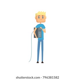 Computer technician or system administrator, networking service cartoon vector illustration