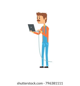 Computer technician or system administrator standing with laptop, networking service cartoon vector illustration