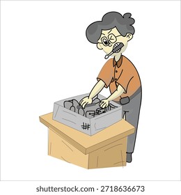Técnico informático hablando por teléfono mientras trabaja Ilustración vectorial