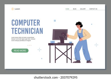 Computer technician website template with repairman working in workshop, flat vector illustration. Computer and household appliances repair and maintenance.